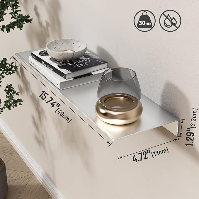 Danpoo Adhesive Floating Shelf for Wall Storage, Metal Wall Shelf for Bathroom/Living Room/Kitchen/Bedroom, Display Shelf for Collectibles(Silver, 16")