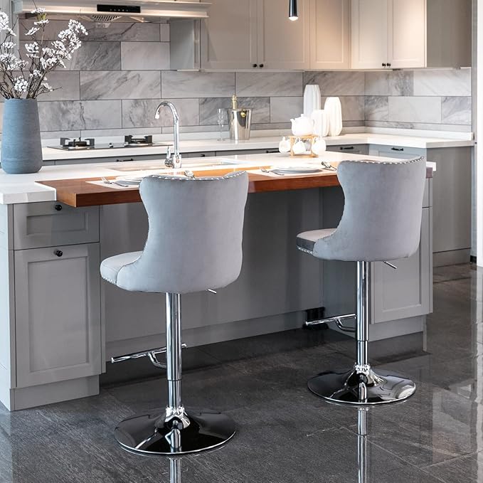 Rhomtree Velvet Swivel Bar Stools Upholstered Bar Stool with Button Tufted Back and Pull Ring Height Adjustable Barstools 25-33 Inch for Home Pub and Kitchen Island (Gray with Silver Base, Set of 6)