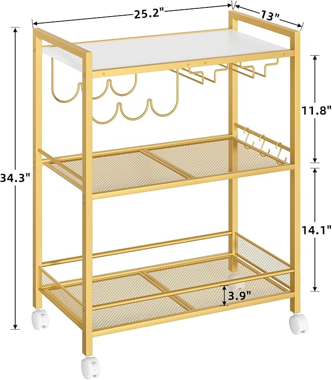 Joaxswe Bar Cart, Home Bar Serving Cart with 3-Tier Shelf,Microwave Cart with Lockable Wheels,Mobile Kitchen Shelf,Rolling Beverage Cart with Wine Rack and Glass Holder for Kitchen,Dinning Room,Gold