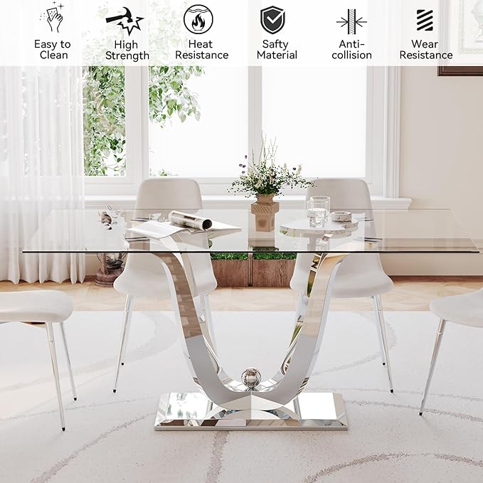 70" Glass Dining Table for 6-8, Modern Dining Room Table with 0.39" Tempered Glass Top and Dual U-Shaped Silver Stainless Steel Base, Rectangle Kitchen Dinner Table for Dining Room