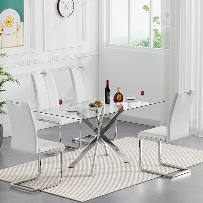 51inch Modern Glass Dining Table for 4, Kitchen Dining Room Table for 4, 0.32" Rectangular Tempered Glass Tabletop and Silver Metal Legs,Rectangle Dinner Tables for Kitchen, Dining Room