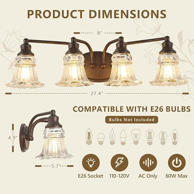 4-Light Bathroom Light Fixtures Over Mirror, Vintage Vanity Lights with Clear Floral Glass Shades, Oil Rubbed Bronze