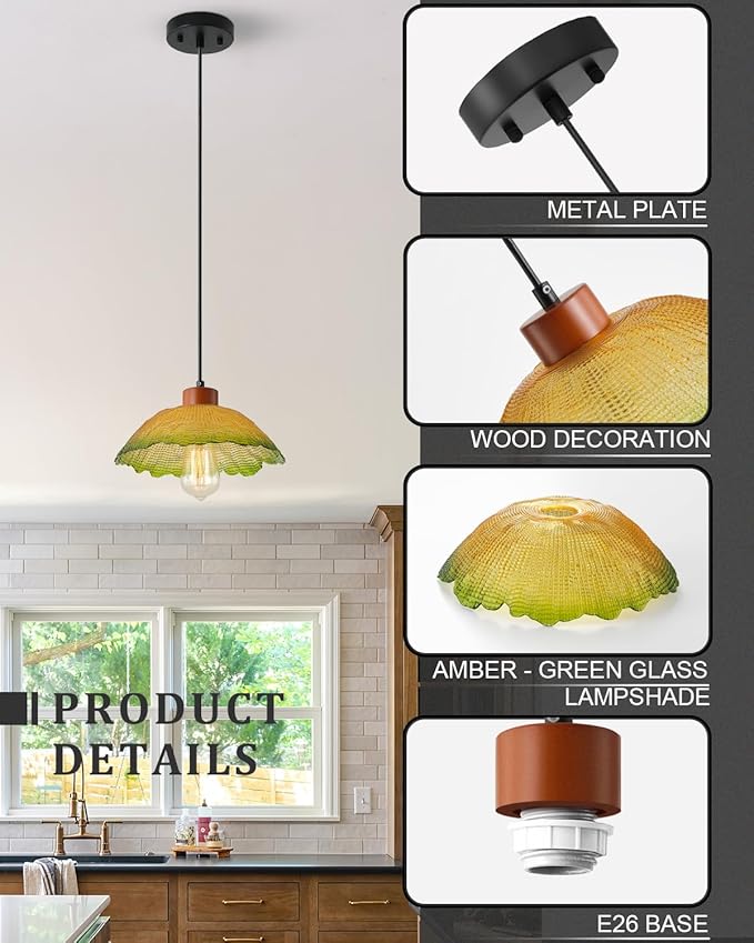 ANYLOVE Vintage Hammered Gradient Green Glass Pendant Light,11inch Gradient Petal Ceiling Hanging Lamp,Adjustable Hanging line for Kitchen Island, Dining Room, Bedroom, Hallway,Farmhouse