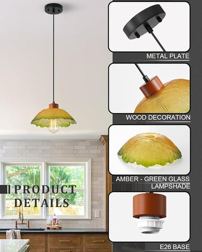 ANYLOVE Vintage Hammered Gradient Green Glass Pendant Light,11inch Gradient Petal Ceiling Hanging Lamp,Adjustable Hanging line for Kitchen Island, Dining Room, Bedroom, Hallway,Farmhouse