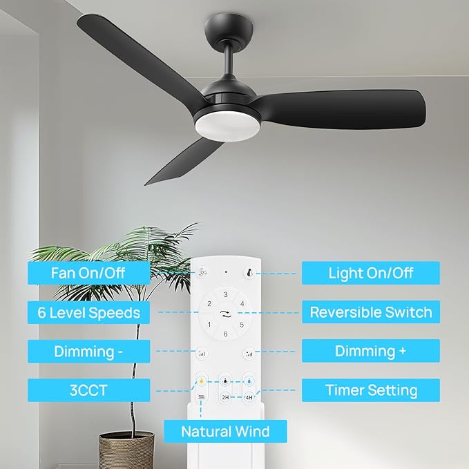 Consciot Ceiling Fan With Lights Remote Control, 44 Inch Modern Ceiling Fan, Downrod Mount, Reversible Quiet DC Motor, 6 Speed, 3 Color and Dimmable, Black Ceiling Fan For Indoor and Covered Outdoor