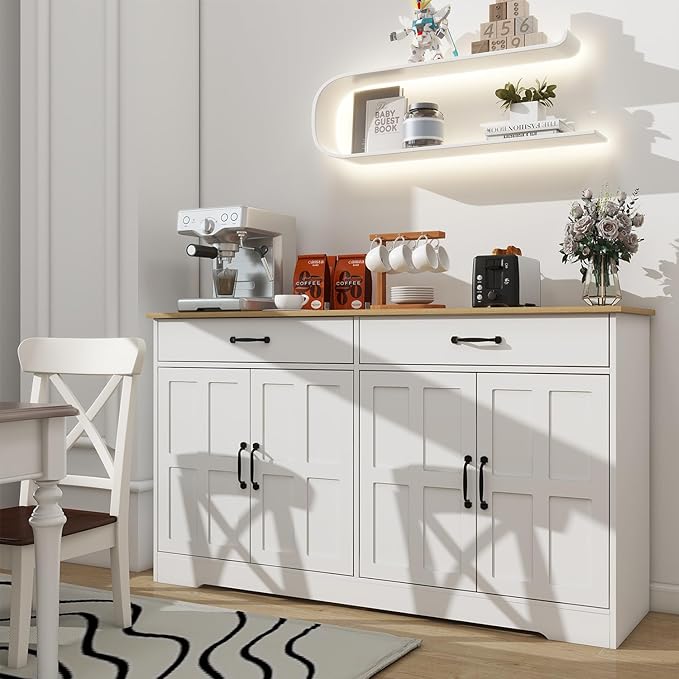 Locsear Sideboard Buffet Cabinet with Storage, 55" Large Kitchen Storage Cabinet with 2 Drawers and 4 Doors, Wood Coffee Bar Buffet Table Console for Kitchen Dining Room, White