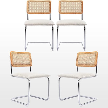 Zesthouse Natural Rattan Dining Chairs Set of 4, Modern Kitchen Chairs with Solid Wood Back for Dining Room Living Room, Mid Century Breuer Design Inspired, Upholstered Boule Fabric, White