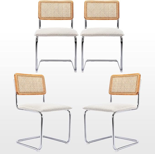 Zesthouse Natural Rattan Dining Chairs Set of 4, Modern Kitchen Chairs with Solid Wood Back for Dining Room Living Room, Mid Century Breuer Design Inspired, Upholstered Boule Fabric, White