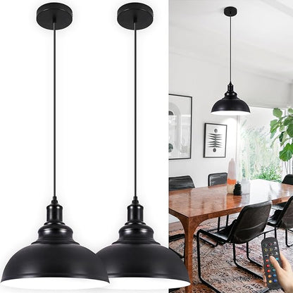 Black Battery Operated Pendant Lights 2 Pack, Modern Rechargeable Pendant Lighting with Remote, Pendant Light Fixtures for Kitchen Island, Industrial Hanging Lights for Dining Room Hallway Entryway