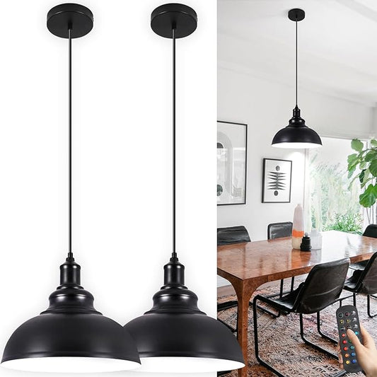 Black Battery Operated Pendant Lights 2 Pack, Modern Rechargeable Pendant Lighting with Remote, Pendant Light Fixtures for Kitchen Island, Industrial Hanging Lights for Dining Room Hallway Entryway