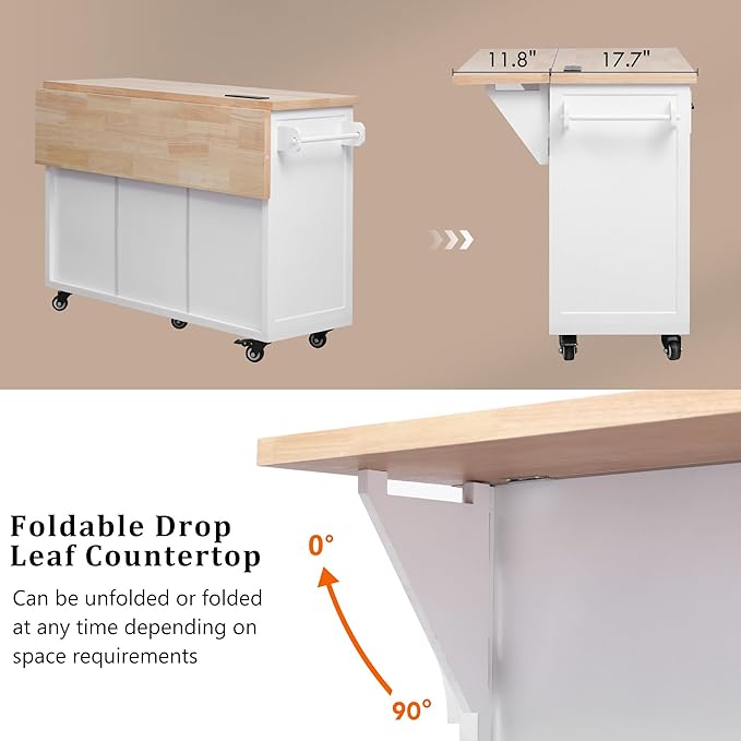 Ball & Cast 56.5" Large Kitchen Island with Drop Leaf and Power Outlet,Embossed Vertical Stripe Rolling Kitchen Cart on Wheels W/Adjustable Shelves,4 Doors & 5 Deep Drawers,for Dining Room,White