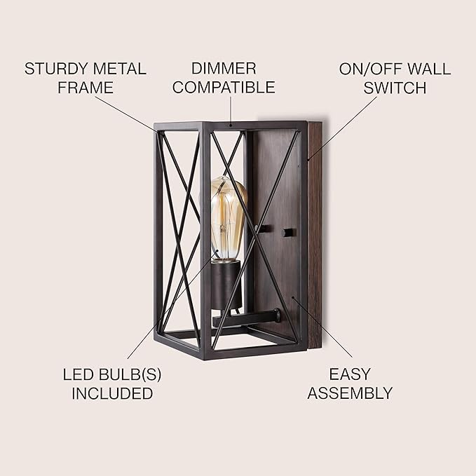 JONATHAN Y 6" Oil Rubbed Bronze/Wood Finish 1-Light Iron Sconce, Farmhouse Rustic X-Frame Wall Lantern for Bathroom Hallway Entryway, Modern Industrial Lamp, LED Bulb Included JYL1310A