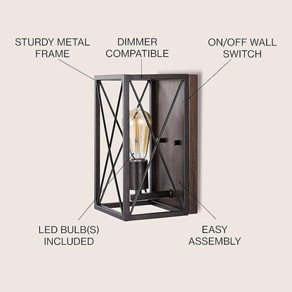 JONATHAN Y 6" Oil Rubbed Bronze/Wood Finish 1-Light Iron Sconce, Farmhouse Rustic X-Frame Wall Lantern for Bathroom Hallway Entryway, Modern Industrial Lamp, LED Bulb Included JYL1310A