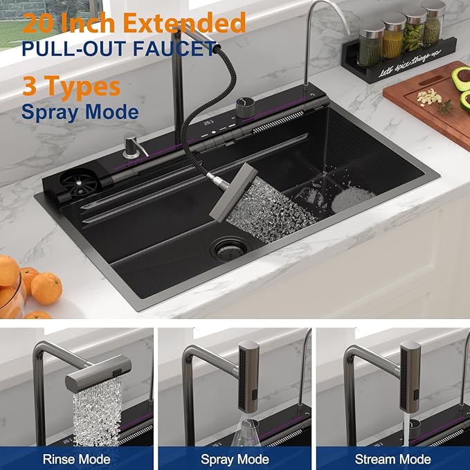 Sarlai Waterfall Kitchen Sink - 30 Inch Black Drop In Workstation Sink With Waterfall 33x19 Inch Black Stainless Steel 16 Gauge Multifunction Single Bowl Top Mount Kitchen Sinks with HoneyComb Finish