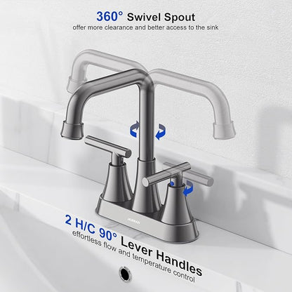 Bathroom Sink Faucet, Hurran Brushed Grey Bathroom Faucets for Sink 3 Hole with Pop-up Drain and Supply Hoses, 360 Swivel Spout 2-Handle Centerset Faucet for Vanity RV Farmhouse