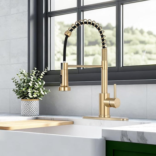 Kitchen Faucet with Pull Down Sprayer 1 Handle Pull Out Spring Sink Faucets 1 Hole Or 3 Hole Stainless Steel (Brush Gold)
