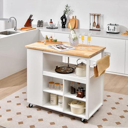Giantex Kitchen Island Cart on Wheels, Rolling Island Table with Rubber Wood Top, Drawer, 3 Tier Spice Rack, 8 Storage Shelf & Cube, Serving Cart for Dining Room Bar, 46"x23.5"x39" White