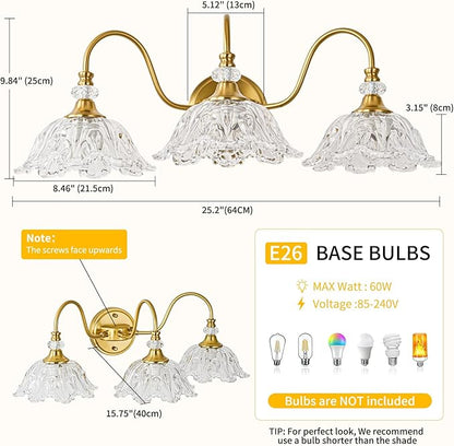 Gold Bathroom Vanity Light, 3-Light Brushed Gold Finish Vanity Light with Floral Clear Glass Shades, Retro Wall Mount Lighting for Bathroom, Dressing Table