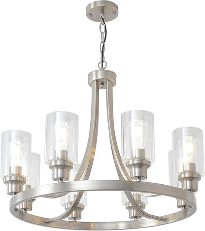 Modern Brushed Nickel Chandelier 8 Lights, Dining Room Lighting Fixtures Farmhouse Chandelier Hanging Industrial Pendant Lighting for Kitchen Island Dining Room