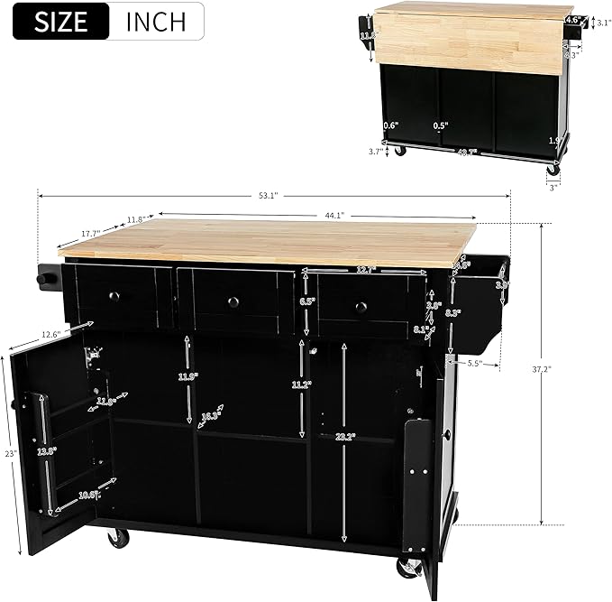 Ball & Cast Kitchen Island Cart with Rubber Wood Drop-Leaf Countertop,Cabinet Door Internal Storage Racks,Kitchen Island on 5 Wheels W/Storage Cabinet and 3 Drawers for Dinning Room,Black,53"