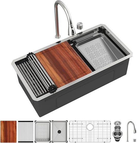 Logmey 33" Undermount Waterfall Sink with Pull-out Faucet & Temperature Control Knob,Nano PVD 33x17 Double Step Workstation Kitchen Sink,16 Gauge All in One Single Bowl Sinks
