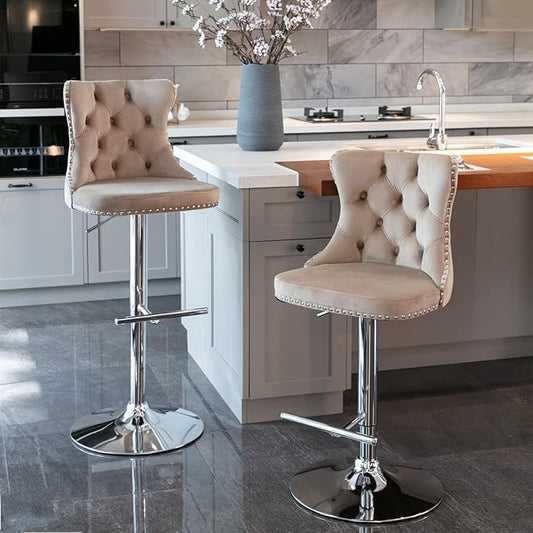 LUMISOL 2 Piece Swivel Velvet Bar Stools, Modern Upholstered Chrome Base Bar Stools with Backs Comfortable Tufted for Home Pub and Kitchen Island, Adjustable Seat Height from 25”-33”, Khaki