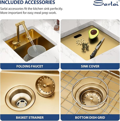 Sarlai Outdoor Sink, 15x15 Inch Gold Undermount Kitchen Sink Workstation with Foldable Faucet Bar Prep Single Bowl Gold Kitchen Sinks16 Gauge Stainless Steel BBQ Sinks with Cover 15"x15"x9"