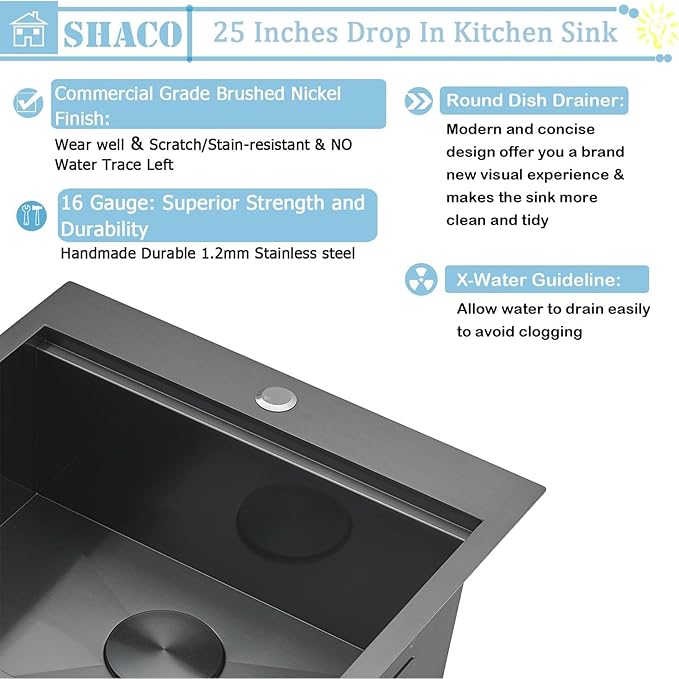 SHACO 25x22 Black Drop In Kitchen Sink, 25 Inch Topmount Stainless Steel Workstation Sink, Single Bowl Bar Prep RV Laundry Small Kitchen Sink with Cutting Board