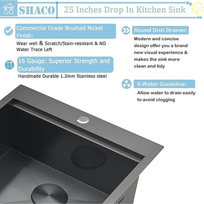 SHACO 25x22 Black Drop In Kitchen Sink, 25 Inch Topmount Stainless Steel Workstation Sink, Single Bowl Bar Prep RV Laundry Small Kitchen Sink with Cutting Board