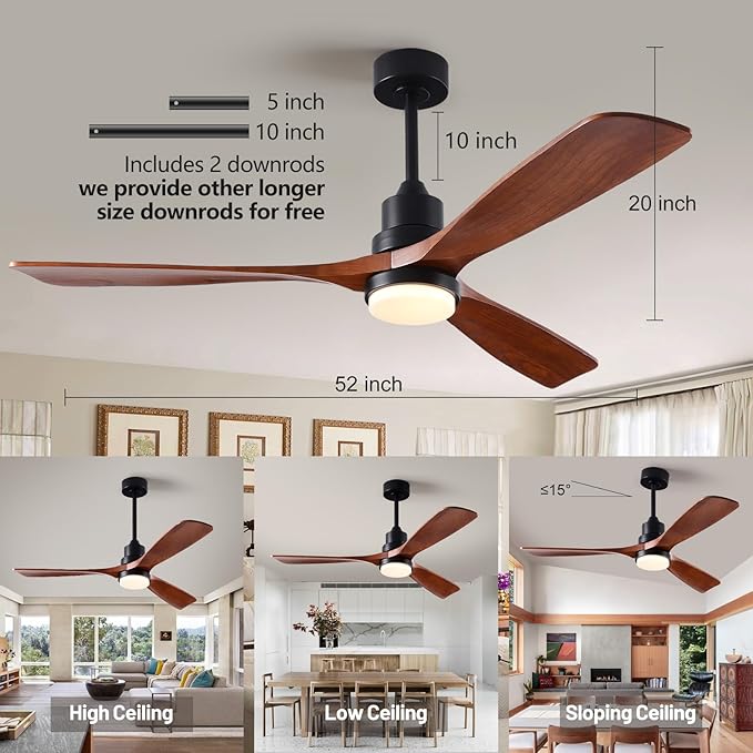 60 Inch Ceiling Fans with Lights and Remote, Quiet Reversible DC Motor and 3 Color Dimmable Light, 3 Blades 6 Speed Wood Ceiling Fan for Farmhouse Living Room Bedroom Dining Room Workroom Study