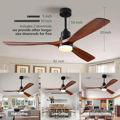 60 Inch Ceiling Fans with Lights and Remote, Quiet Reversible DC Motor and 3 Color Dimmable Light, 3 Blades 6 Speed Wood Ceiling Fan for Farmhouse Living Room Bedroom Dining Room Workroom Study