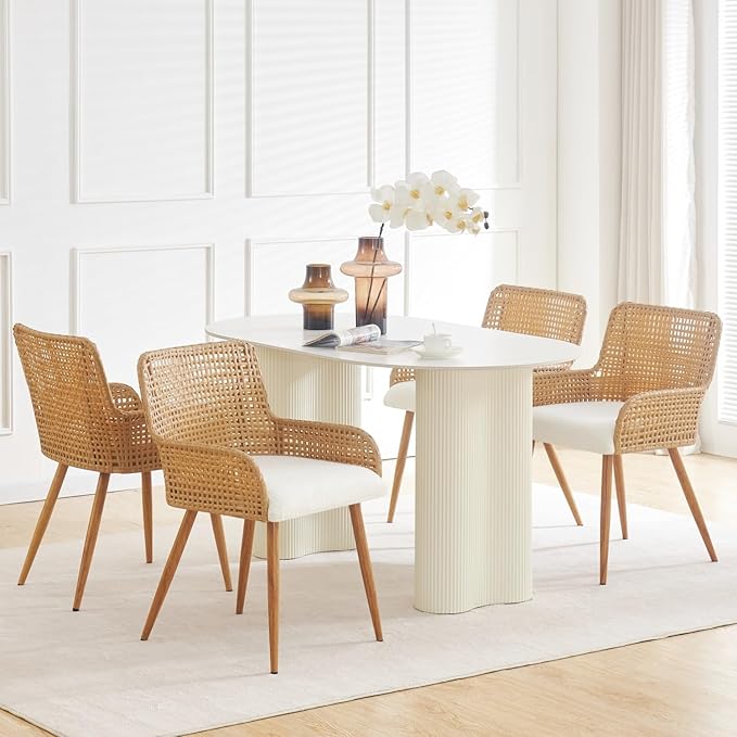 Rattan Dining Chairs Set of 4,Upholstered Modern Dining Room Chairs with Boucle Cushion,PE Cane Back Kitchen Chair with Armrest for Farmhouse, Kitchen,Restaurant
