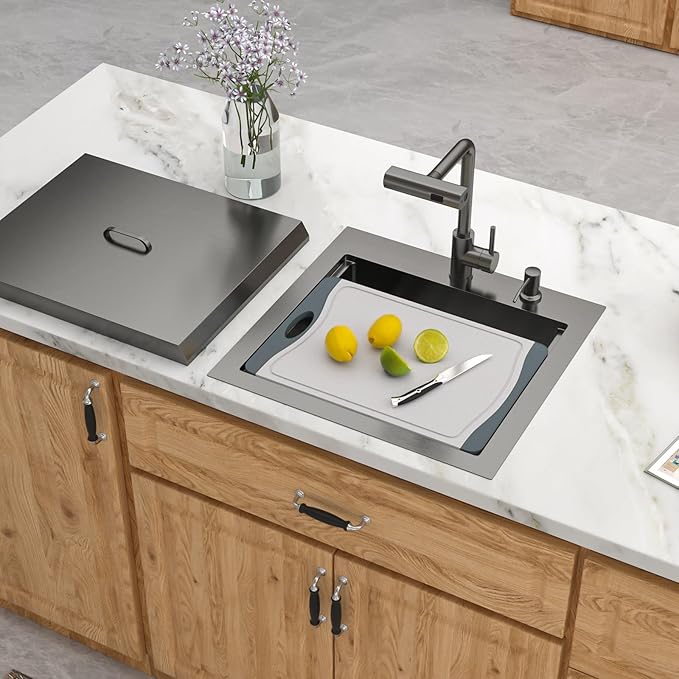 Outdoor Kitchen Sink Black Drop In 21x20 Inch Outdoor Rv Bar Prep Kitchen Sink Workstation 16 Gauge Stainless Steel Gunmetal Black Nano PVD Handmade Single Bowl Sinks with Pull out Faucet 21"x20"x9"