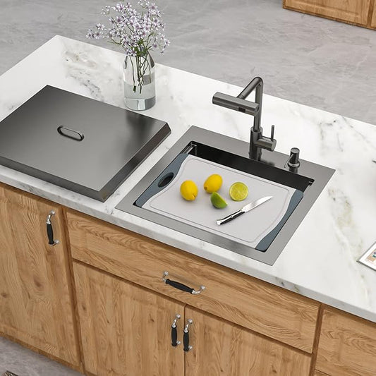 Outdoor Kitchen Sink Black Drop In 21x20 Inch Outdoor Rv Bar Prep Kitchen Sink Workstation 16 Gauge Stainless Steel Gunmetal Black Nano PVD Handmade Single Bowl Sinks with Pull out Faucet 21"x20"x9"