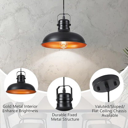 Industrial Pendant Light, 10.5 Inch Farmhouse Small Black and Gold Chandelier, Vintage Hanging Light Fixture with 71'' Height Adjustable Cord for Kitchen Island, Dining Room, Bedroom - 3 Pack