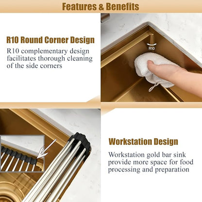 Gold Undermount Bar Sink Workstation,16x19 Small Kitchen Sink Brushed Gold Bar Sinks Undermount 18 Gauge Single Bowl Stainless Steel Kitchen Sinks with Cutting Board