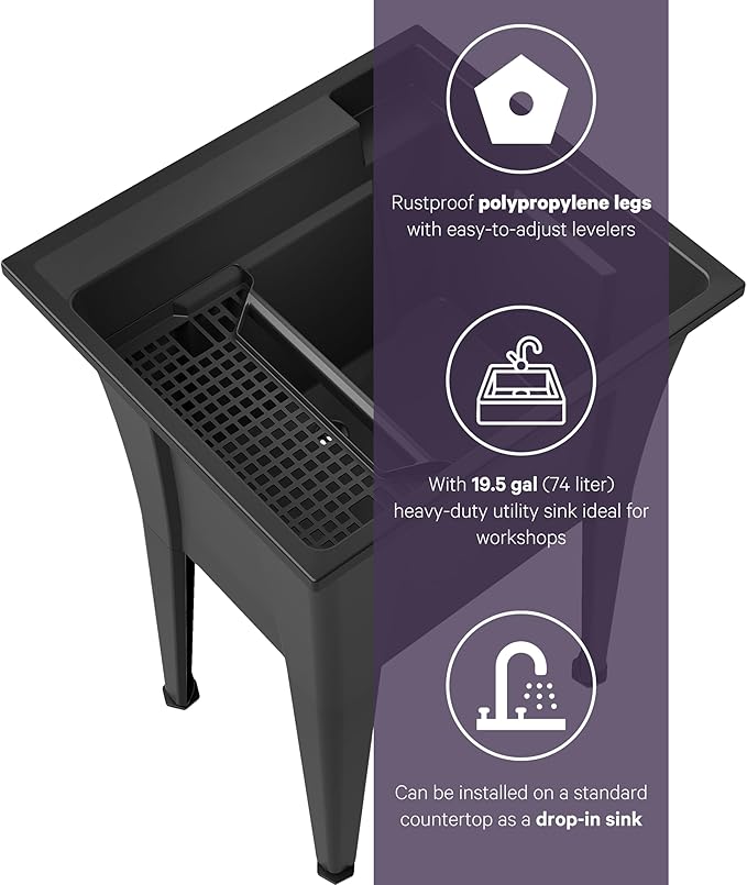24” Utility Sinks for Laundry Room, Garage, Garden, Basement – Noah William Home Indoor and Outdoor Polypropylene Basement Wash Tub - No Faucet Included (Black)