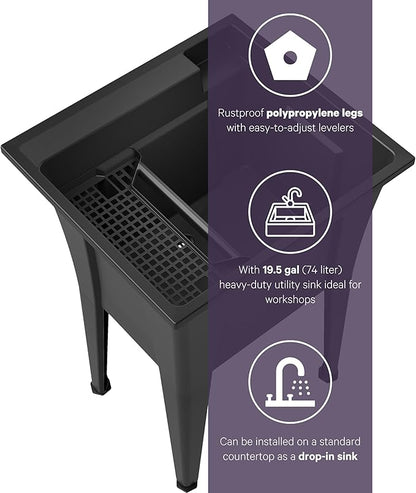 24” Utility Sinks for Laundry Room, Garage, Garden, Basement – Noah William Home Indoor and Outdoor Polypropylene Basement Wash Tub - No Faucet Included (Black)