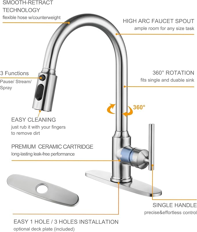 Kitchen Faucets, WOWOW Brushed Nickel Kitchen Faucet with Pull Down Sprayer, High Arc Single Handle Stainless Steel Sink Faucets 1 or 3 Hole, Kitchen Sink Faucets for Farmhouse Camper Laundry Rv Bar