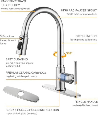 Kitchen Faucets, WOWOW Brushed Nickel Kitchen Faucet with Pull Down Sprayer, High Arc Single Handle Stainless Steel Sink Faucets 1 or 3 Hole, Kitchen Sink Faucets for Farmhouse Camper Laundry Rv Bar