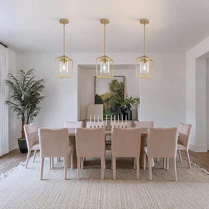 3 Pack Gold Pendant Lights, Farmhouse Kitchen Pendant Lighting Over Island, Metal Cage Hanging Lights with Clear Glass Shade for Kitchen Island, Dining Room, Entryway, Hallway
