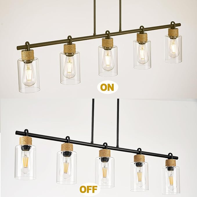5-Light Linear Chandeliers, Black Kitchen Pendant Lighting Over Island, Farmhouse Dining Room Light fixtures with Jute Rope & Clear Glass Shades(Black 5 Light)