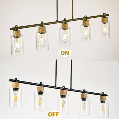 5-Light Linear Chandeliers, Black Kitchen Pendant Lighting Over Island, Farmhouse Dining Room Light fixtures with Jute Rope & Clear Glass Shades(Black 5 Light)