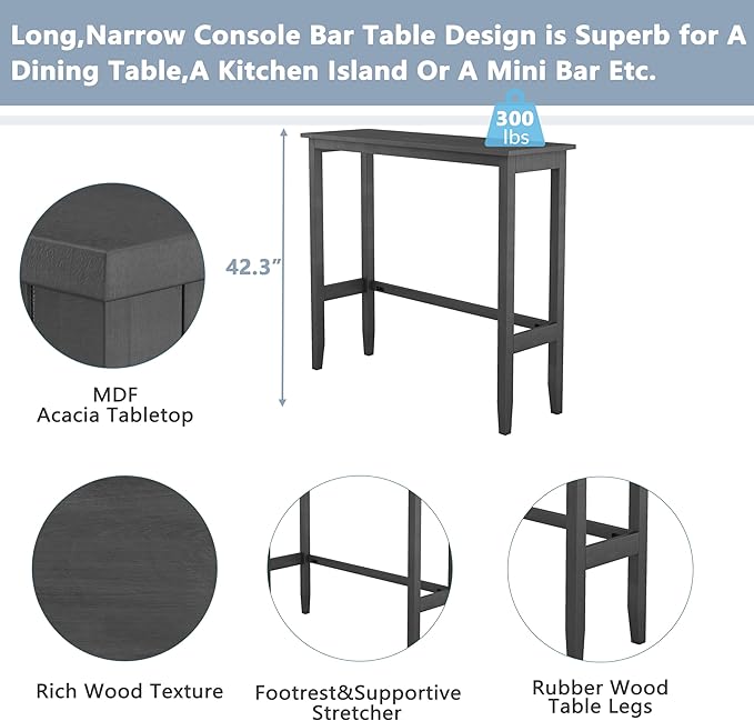 3 Piece Dining Table Set, Farmhosue Kitchen Bar Table Set with 2 Upholstered Chairs, Solid Wood Bar Table and Chairs Set for Kitchen, Dining Room, Living Room, Home Bar, Grey