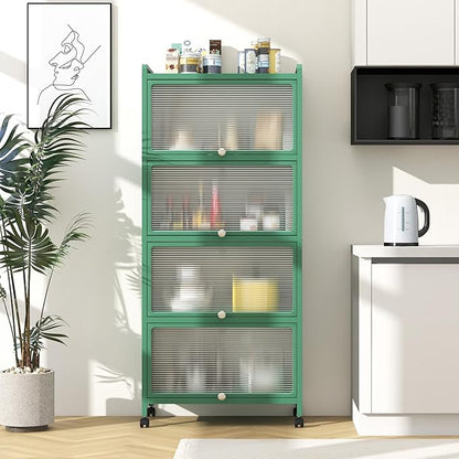 Giantex 5-Tier Kitchen Storage Cabinet, Mobile Microwave Stand with Flip-up PC Doors, Freestanding Kitchen Bakers Rack with 4 Rolling Casters, for Dining Room, Living Room and Study, Green