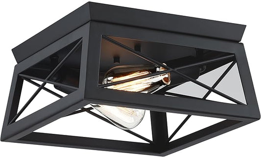 Pia Ricco Flush Mount, Modern Industrial Square Ceiling Light for Outdoor Porch, Indoor Kitchen, Hallway, Entry - Black Rustic Style, 2-Light