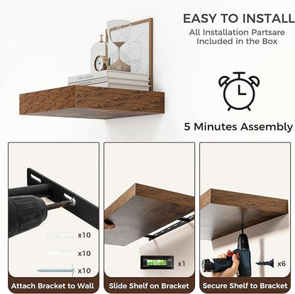 Venusmiles Square Floating Shelves for Wall, 12" W x 12" D x 2" H, 2 Pack of Small Wall Mounted Engineered Wood Shelves with Invisible Brackets for Living Room, Bedroom, Bathroom, Kitchen Decor, Brown