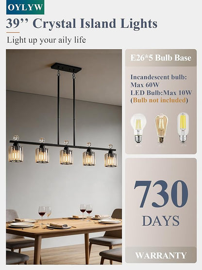 Modern Dining Room Light Fixture Over Table, Crystal Pendant Lights Kitchen Island, Chandeliers for Dining Room Kitchen Light Fixtures (E26) 5-Light Black
