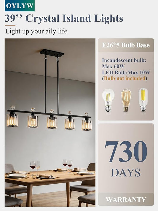 Modern Dining Room Light Fixture Over Table, Crystal Pendant Lights Kitchen Island, Chandeliers for Dining Room Kitchen Light Fixtures (E26) 5-Light Black