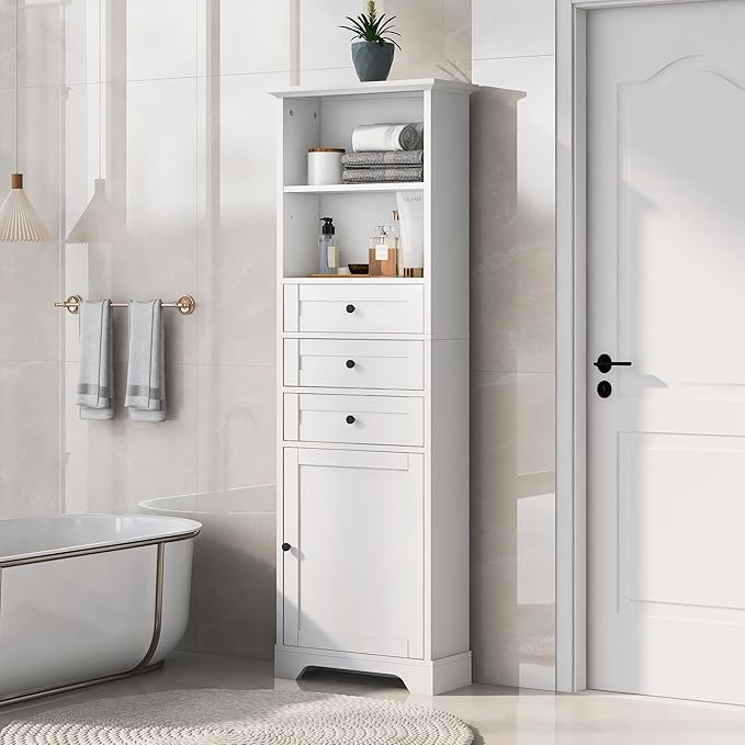 67" H Storage Cabinet with Drawers and Door, Tall Bookshelf Space Saver for Bathroom or Kitchen, Adjustable Shelf, White
